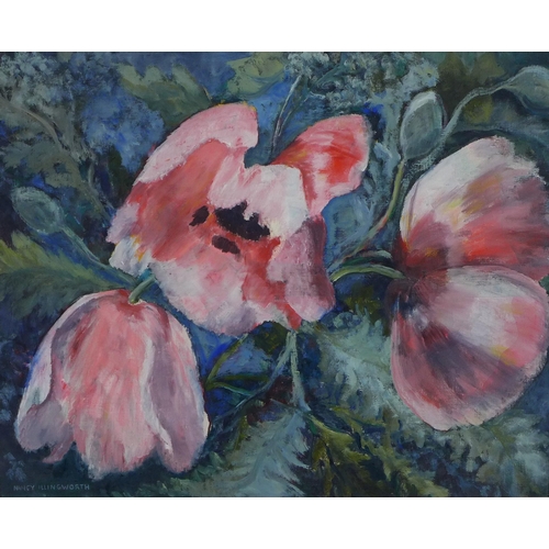 111 - Nancy Illingworth 'Pink Poppies;, oil on board, signed and framed, 74 x 59cm