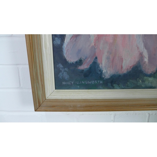 111 - Nancy Illingworth 'Pink Poppies;, oil on board, signed and framed, 74 x 59cm