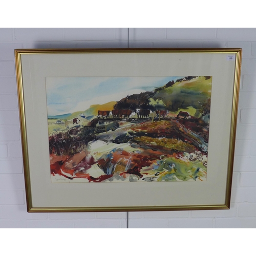 119 - James Harrigan (SCOTTISH b.1937) 'Cattle on the Shore', watercolour and pastel on paper, signed,  fr... 