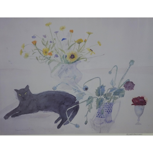 121 - Dame Elizabeth Blackadder OBE RA RSA RSW RGI DLitt (British, 1931-2021) black cat and flowers, large... 