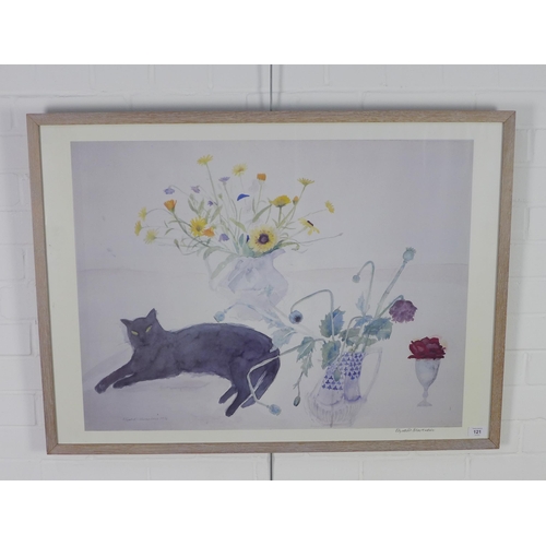 121 - Dame Elizabeth Blackadder OBE RA RSA RSW RGI DLitt (British, 1931-2021) black cat and flowers, large... 