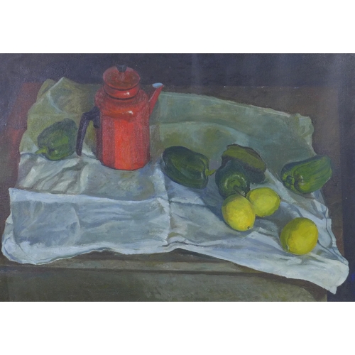 122 - Richard D. Hunter 'Green Peppers' still life oil on canvas board, framed under glass and labelled ve... 