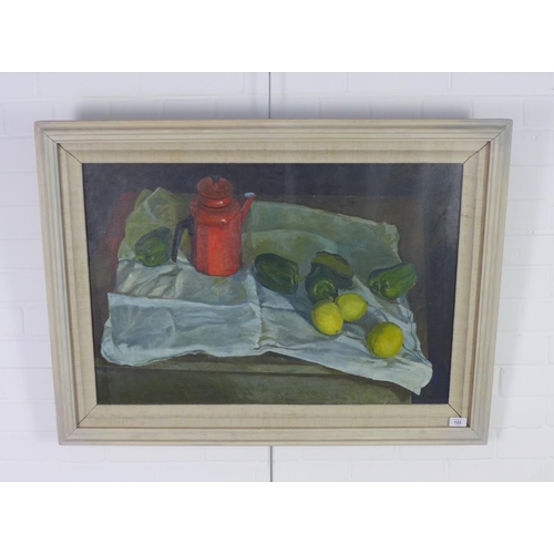 122 - Richard D. Hunter 'Green Peppers' still life oil on canvas board, framed under glass and labelled ve... 