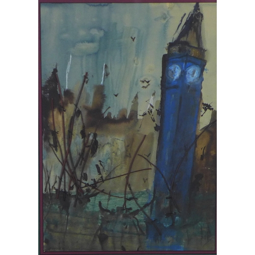 123 - Mixed media on paper of a clock tower, apparently unsigned, framed under glass, 29 x 41cm