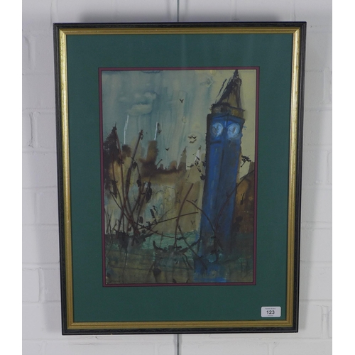 123 - Mixed media on paper of a clock tower, apparently unsigned, framed under glass, 29 x 41cm