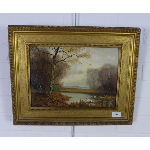 126 - Late 19th century school, swans on the lake,  oil on canvas, signed indistinctly, giltwood frame, 34... 