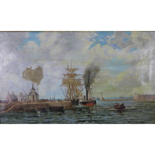 127 - J. Butler, paddle steamer and sailing ships in Aberdeen Harbour 1870's, oil on canvas, signed and fr... 