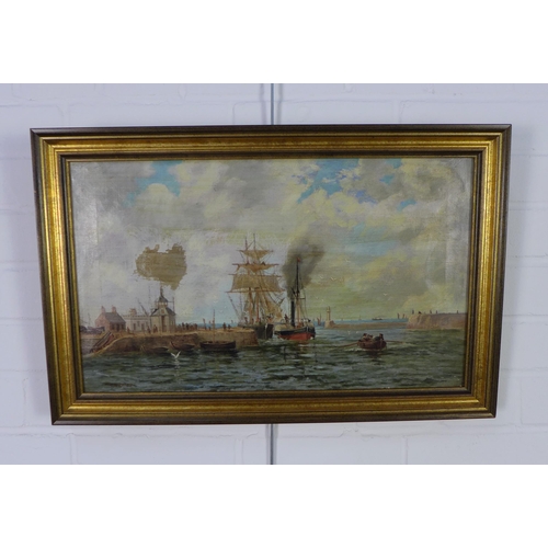 127 - J. Butler, paddle steamer and sailing ships in Aberdeen Harbour 1870's, oil on canvas, signed and fr... 