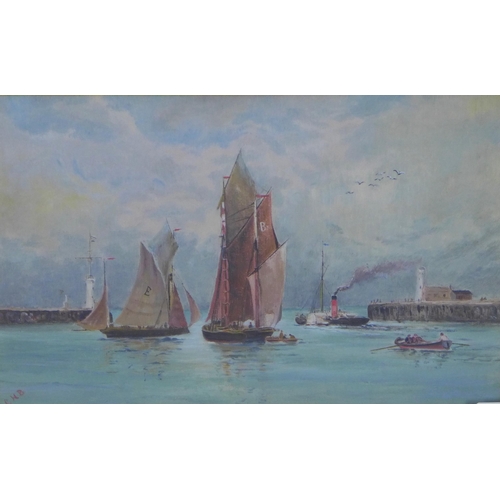 128 - CMB, boats leaving the harbour, oil on canvas, signed with initials, framed under glass with J Mitch... 