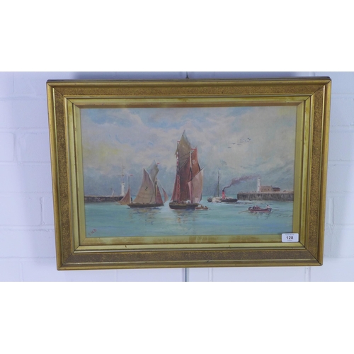 128 - CMB, boats leaving the harbour, oil on canvas, signed with initials, framed under glass with J Mitch... 