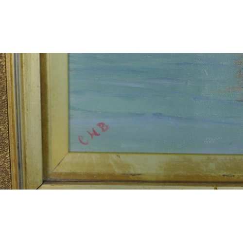 128 - CMB, boats leaving the harbour, oil on canvas, signed with initials, framed under glass with J Mitch... 