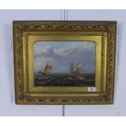 129 - Marine painting -  Pulling in the Nets, oil on panel, in a giltwood frame, 30 x 22cm