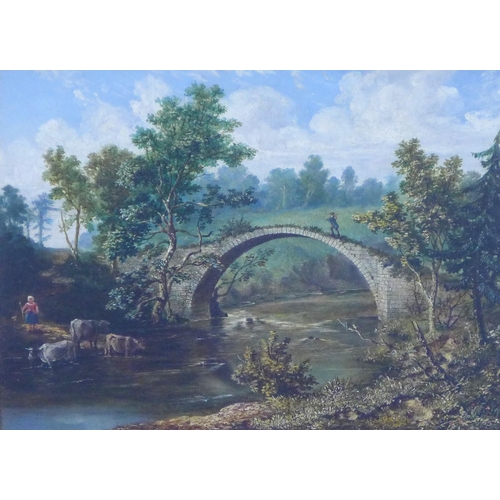 130 - Late 19th / early 20th century North European School oil on board of the Carrbridge Packhorse Bridge... 