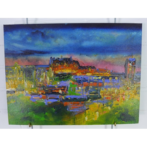 136 - Erica Nockalls (Contemporary) 'Edinburgh', oil on panel, signed verso, unframed, 40.5 x 30cm