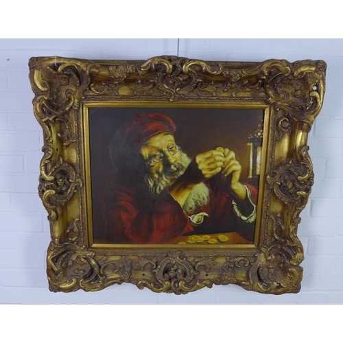 142 - Ian ? 'The Old Money Lender After Rembrandt', oil on canvas, in an ornate moulded gilt frame, singed... 