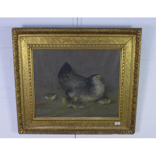 145 - Brooding Hen, mixed media on paper, apparently unsigned, under glass within an ornate gilt frame, 60... 