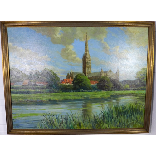 151 - Harry Arthur Riley, (British, 1895-1966), Salisbury Cathedral, large oil on board, signed and dated ... 