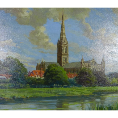 151 - Harry Arthur Riley, (British, 1895-1966), Salisbury Cathedral, large oil on board, signed and dated ... 