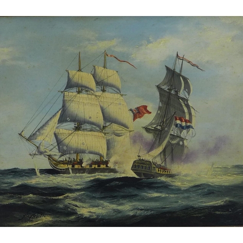 154 - John Webster, Naval Skirmish, oil on panel, signed and framed, 29 x 24cm