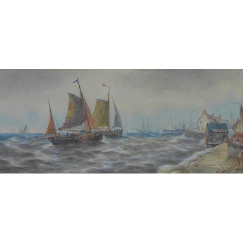 157 - R.T Wilding (British) Fishing Boats, watercolour, signed and framed under glass, 55 x 25cm