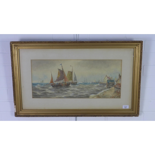 157 - R.T Wilding (British) Fishing Boats, watercolour, signed and framed under glass, 55 x 25cm