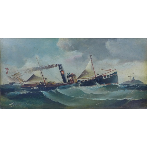 161 - Late 19th / early 20th century shipping oil on board, signed indistinctly, framed, 60 x 30cm