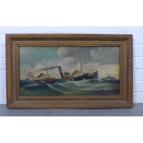 161 - Late 19th / early 20th century shipping oil on board, signed indistinctly, framed, 60 x 30cm