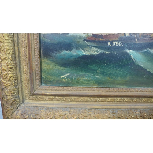 161 - Late 19th / early 20th century shipping oil on board, signed indistinctly, framed, 60 x 30cm