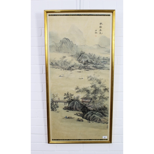 28 - Japanese landscape print on textile, framed under glass, size overall 55 x 110cm