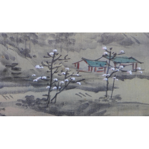 28 - Japanese landscape print on textile, framed under glass, size overall 55 x 110cm