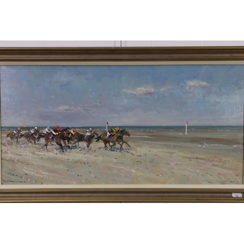 33 - Paul Brown (Contemporary) Racehorses on the Sand, oil on canvas, signed and framed, 100 x 50cm
