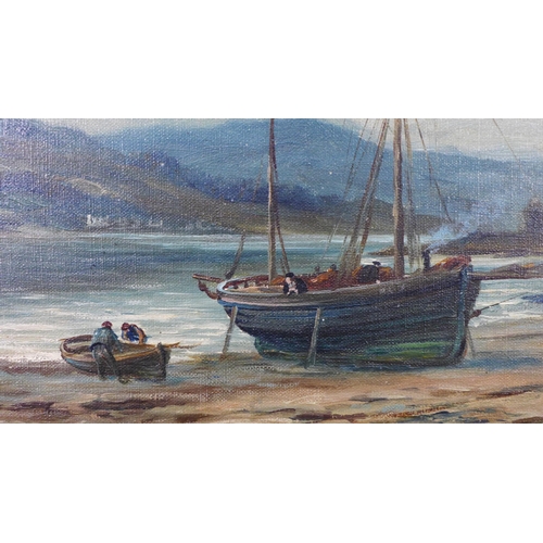 6 - Tom McKay (Scottish 1851-1920) Shore scene with fishing boats, oil on canvas, signed, within an orna... 