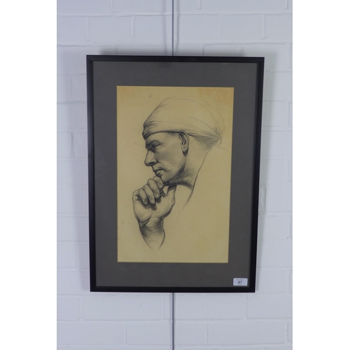 67 - Charcoal sketch of a man in Middle Eastern attire, circa early 20th century, framed under glass, 29 ... 