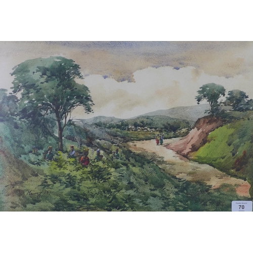 70 - Burmese School watercolour of leaf pickers, signed Maung ?, framed under glass, 47 x 22cm