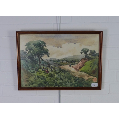 70 - Burmese School watercolour of leaf pickers, signed Maung ?, framed under glass, 47 x 22cm