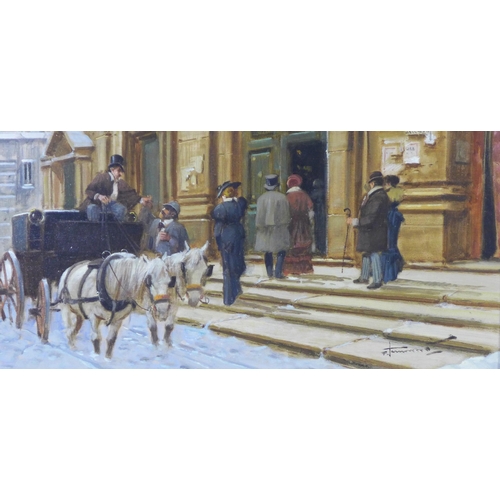 76 - Street scene with horse, cart and figures, oil on board, signed indistinctly, framed 39 x 19cm