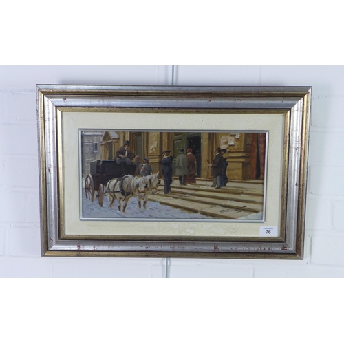 76 - Street scene with horse, cart and figures, oil on board, signed indistinctly, framed 39 x 19cm