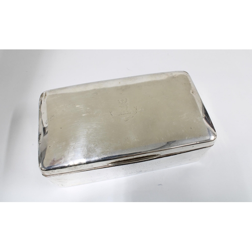 11 - Early 20th century silver table cigarette box, cedar lined and with engraved inscription, 18cm long