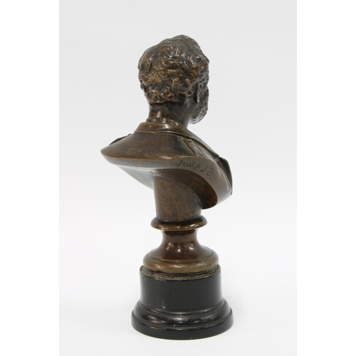 121 - Bronze head and shoulders bust on a socle base, impressed JOHN BROWN 1869 JB 19cm