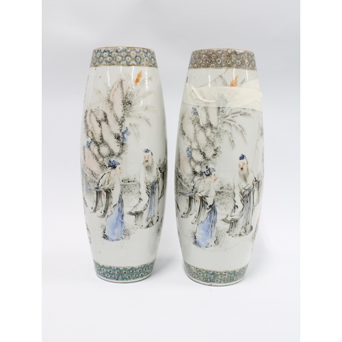 146 - A pair of Chinese vases painted with figures and calligraphy, one a/f, 30cm  (2)