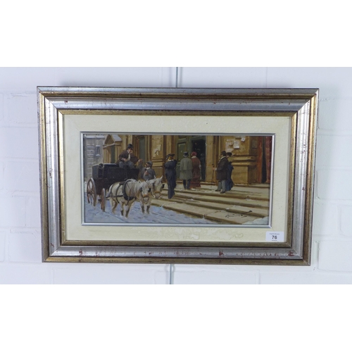 155 - Street scene with horse, cart and figures, oil on board, signed indistinctly, framed 39 x 19cm