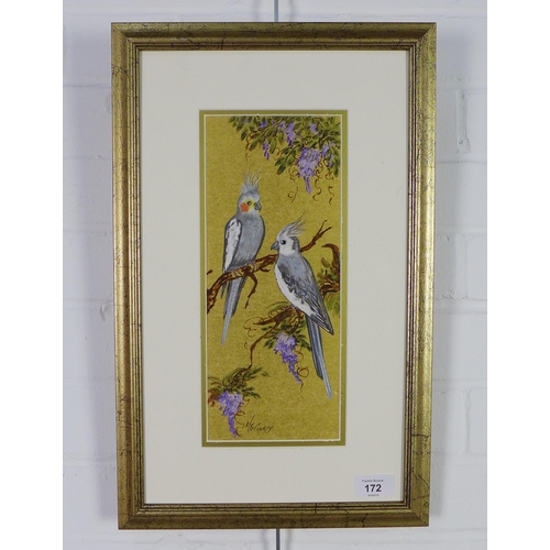 172 - Maggie DeCourcy 'Cockatiels', watercolour on gold card, signed, dated verso 28.3.03, framed, 12 x 30... 