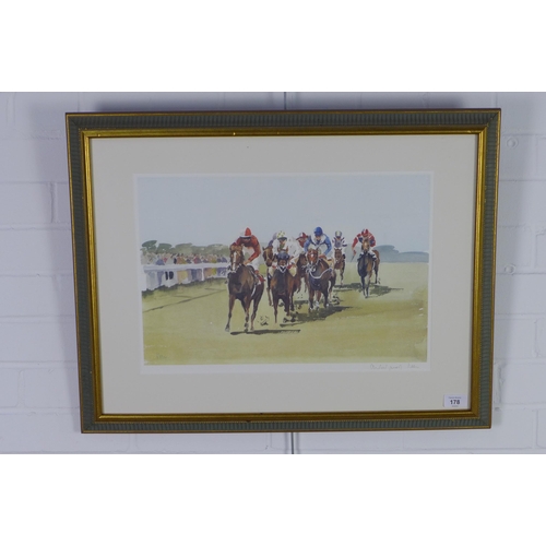 178 - Horse Racing coloured print, pencil signed Keen , framed under glass, 47 x 32cm