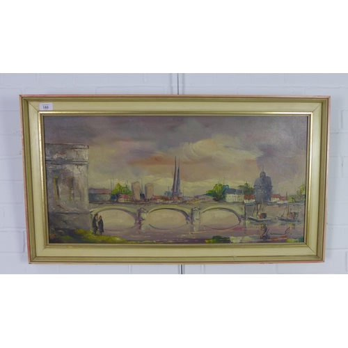 180 - Mid Century canal scene oil on canvas, singed indistinctly, framed, 80 x 38cm