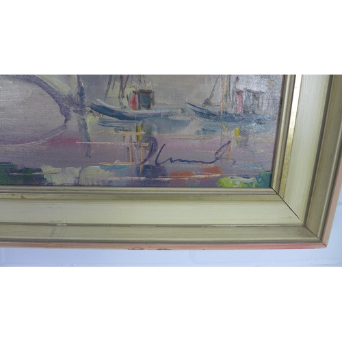 180 - Mid Century canal scene oil on canvas, singed indistinctly, framed, 80 x 38cm