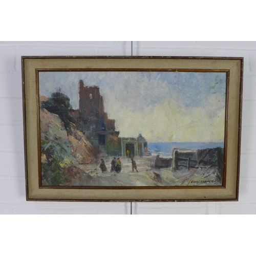 181 - Ernest Harington, Coastal Scene, oil on board, signed and framed with 'Forest Industries Exhibition'... 