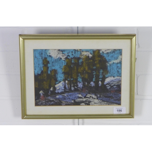 186 - Pastel landscape on paper, apparently unsigned, framed under glass, 27 x 15cm