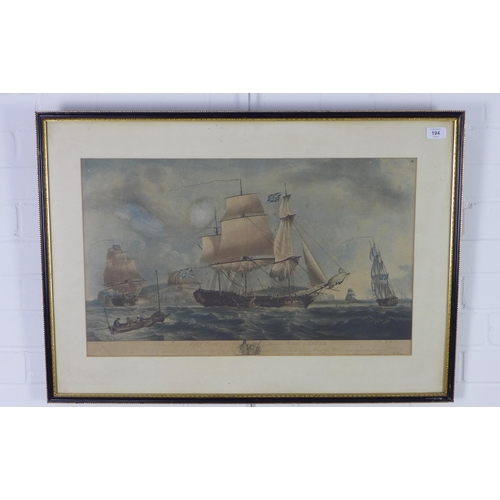 194 - East Indiaman Taking a Pilot off Dover, coloured print, in a glazed Hogarth frame, size overall 83 x... 