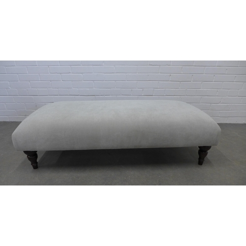 203 - Rectangular foot / centre  stool. with grey upholstered top, on wooden legs,  33 x 121 x 56cm.