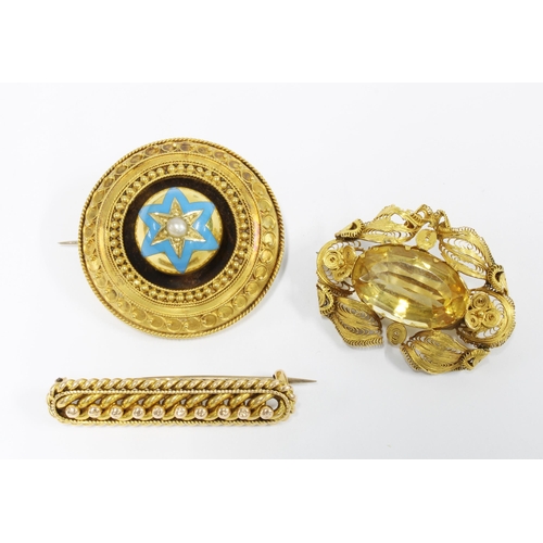21 - Victorian pearl and turquoise brooch with a star motif and etruscan style borders, with glazed panel... 